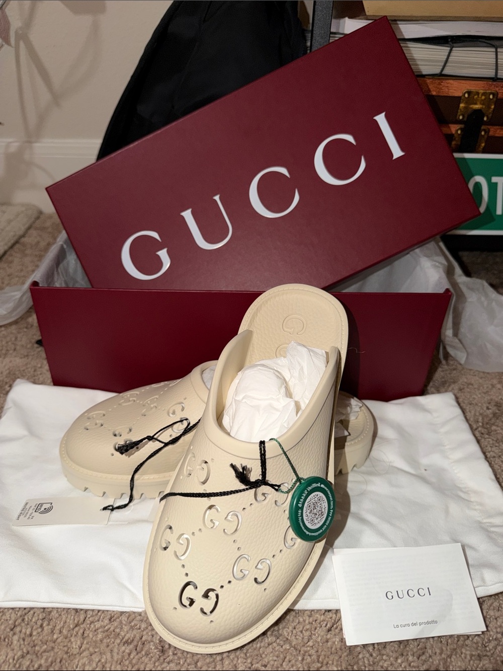 NWT Gucci Cream Rubber Slide Mules with Perforated GG